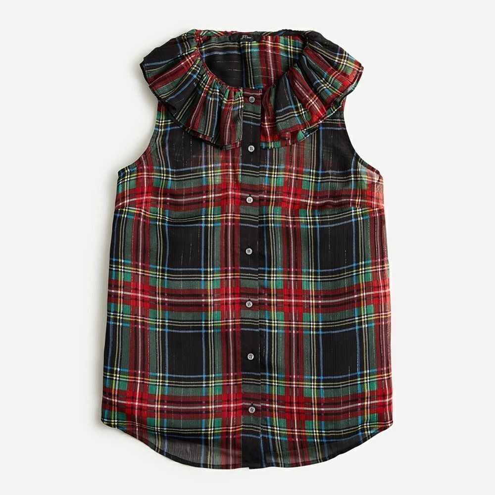 J.CREW Sleeveless Ruffle Collar Top Black Stewart Tartan Plaid Blouse XSMALL - Picture 5 of 9